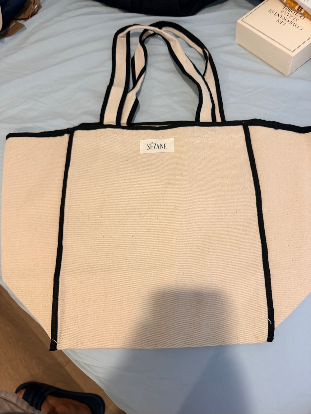 Sezane Cream Canvas Tote with Black Trim